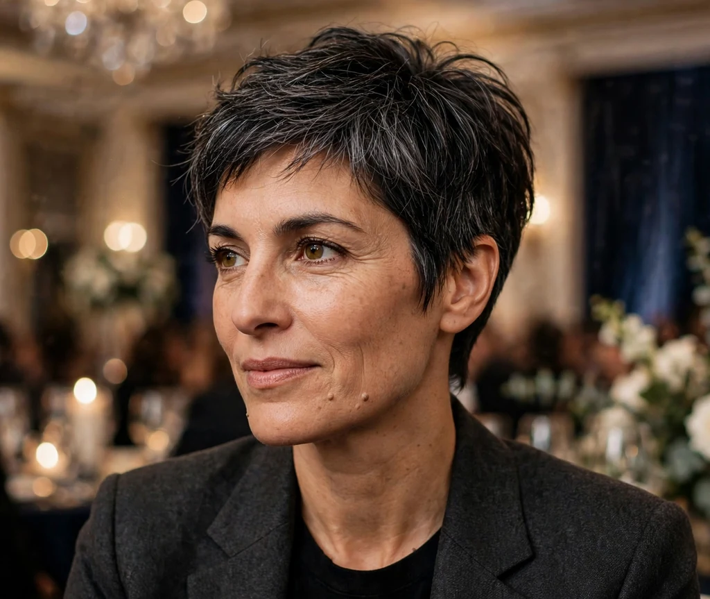 Woman in her 40s with a silver-streaked dark pixie cut with textured layers and volume