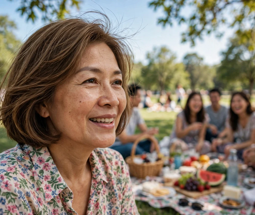 Woman in her 50s with a brown side-swept bob with soft layers and volume