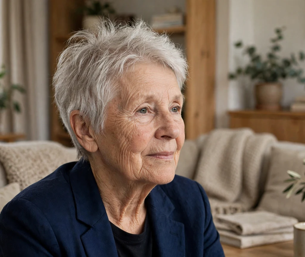 Woman in her early 60s with a textured silver pixie haircut with lift at the crown