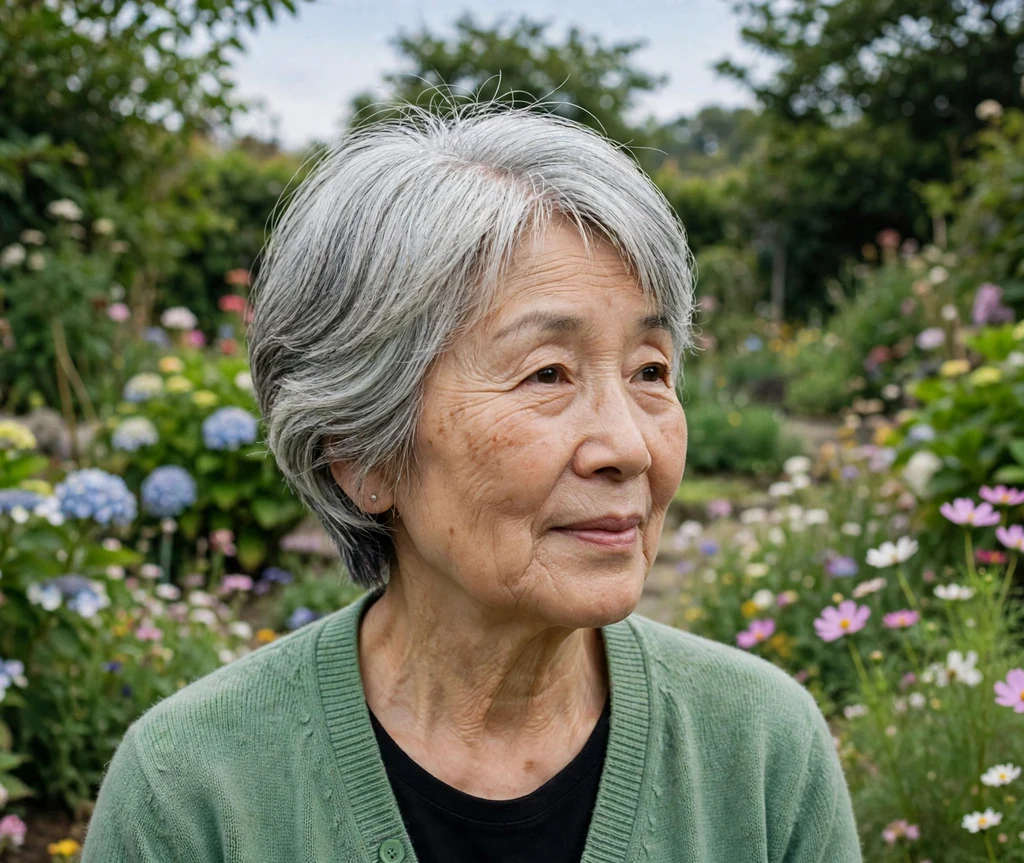 Woman around 60 with a stacked silver bob haircut with graduated layers at the back