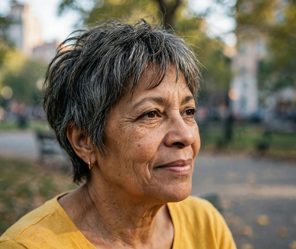 Woman in her mid 50s with a feathered shaggy crop haircut with grey highlights