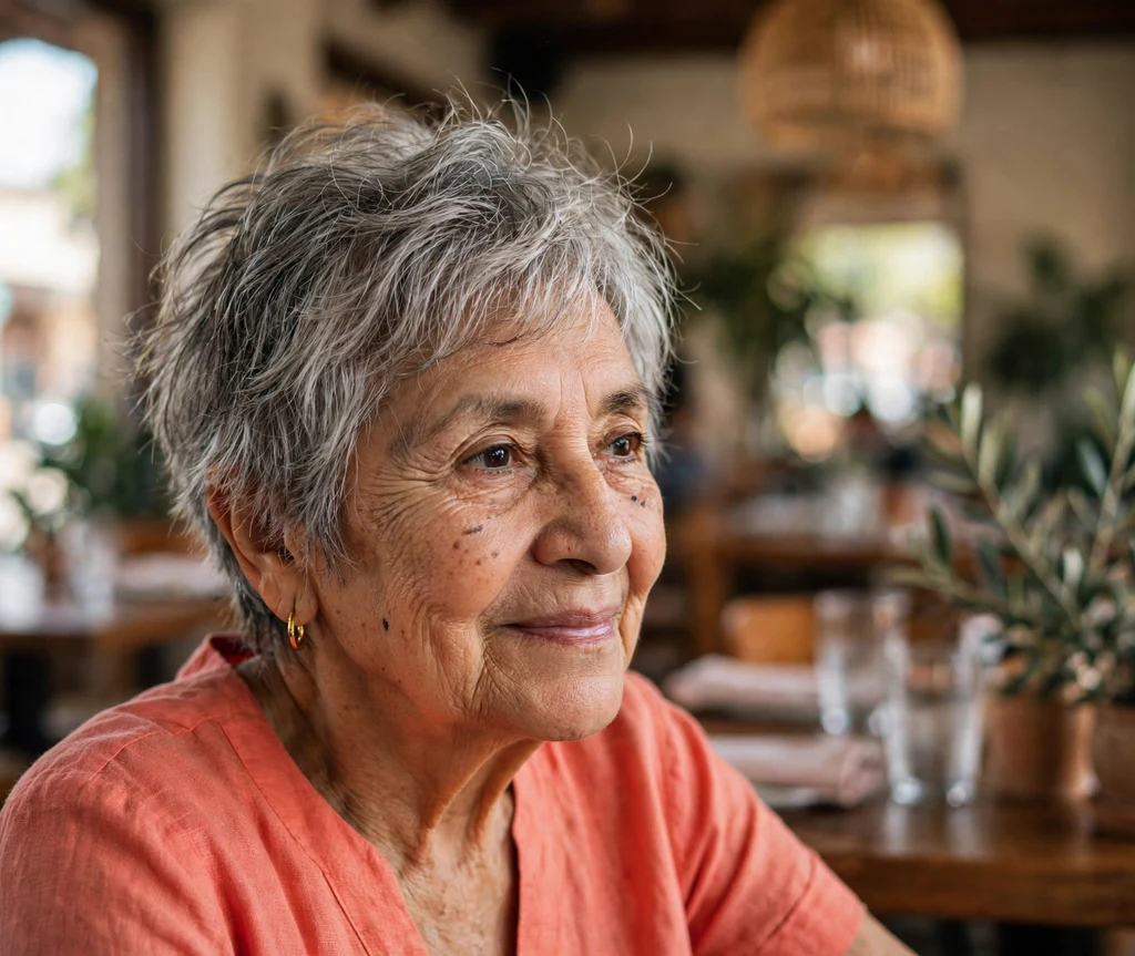 Woman in her mid 60s with a wispy layered salt-and-pepper pixie haircut