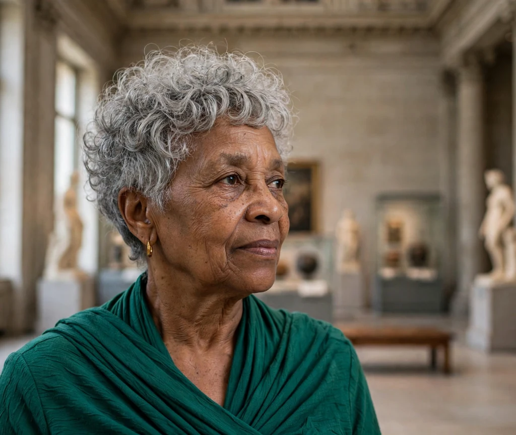Woman in her late 50s with a voluminous curly grey pixie haircut