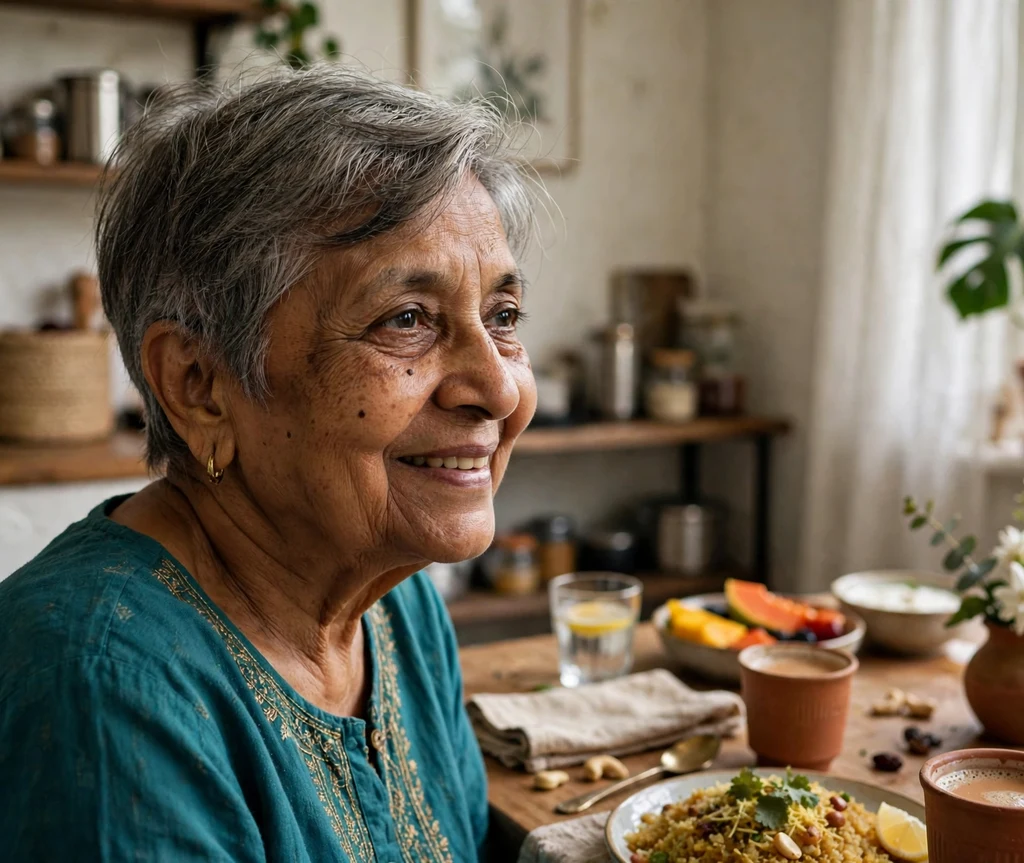 Woman in her early 60s with a side-swept tapered pixie haircut