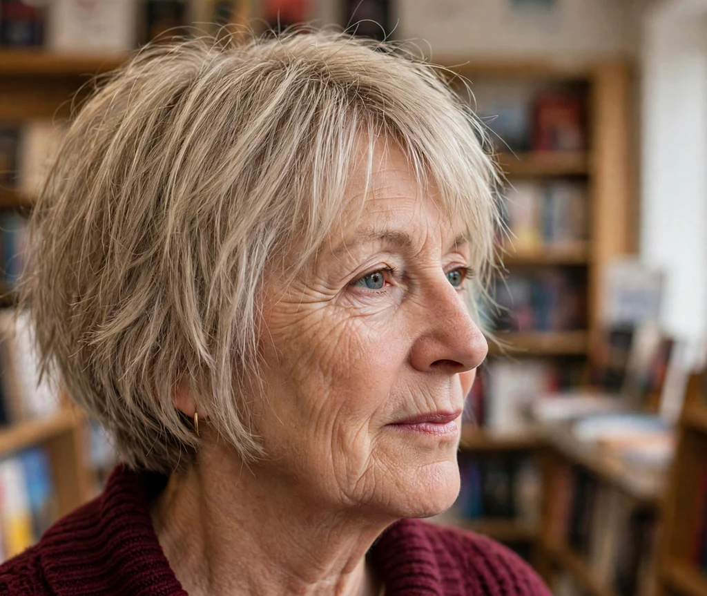 Woman in her late 50s with a choppy textured ash-blonde bob haircut