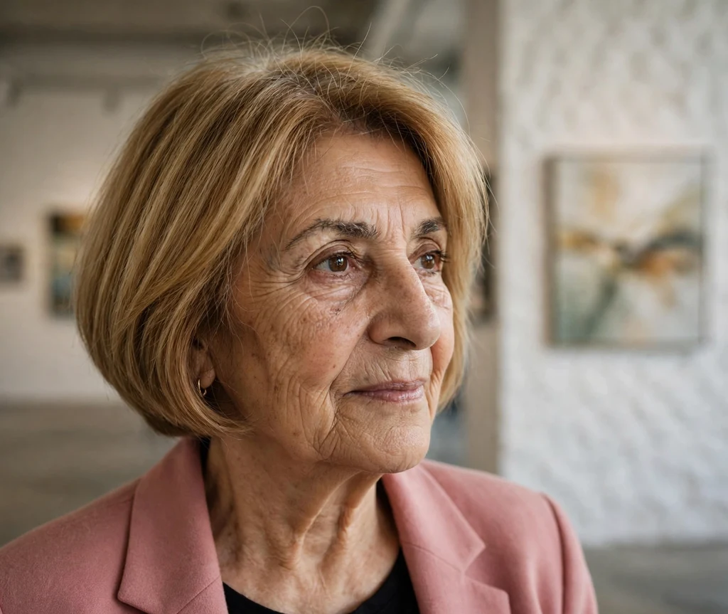 Woman around 61 with an angled graduated honey-blonde bob haircut