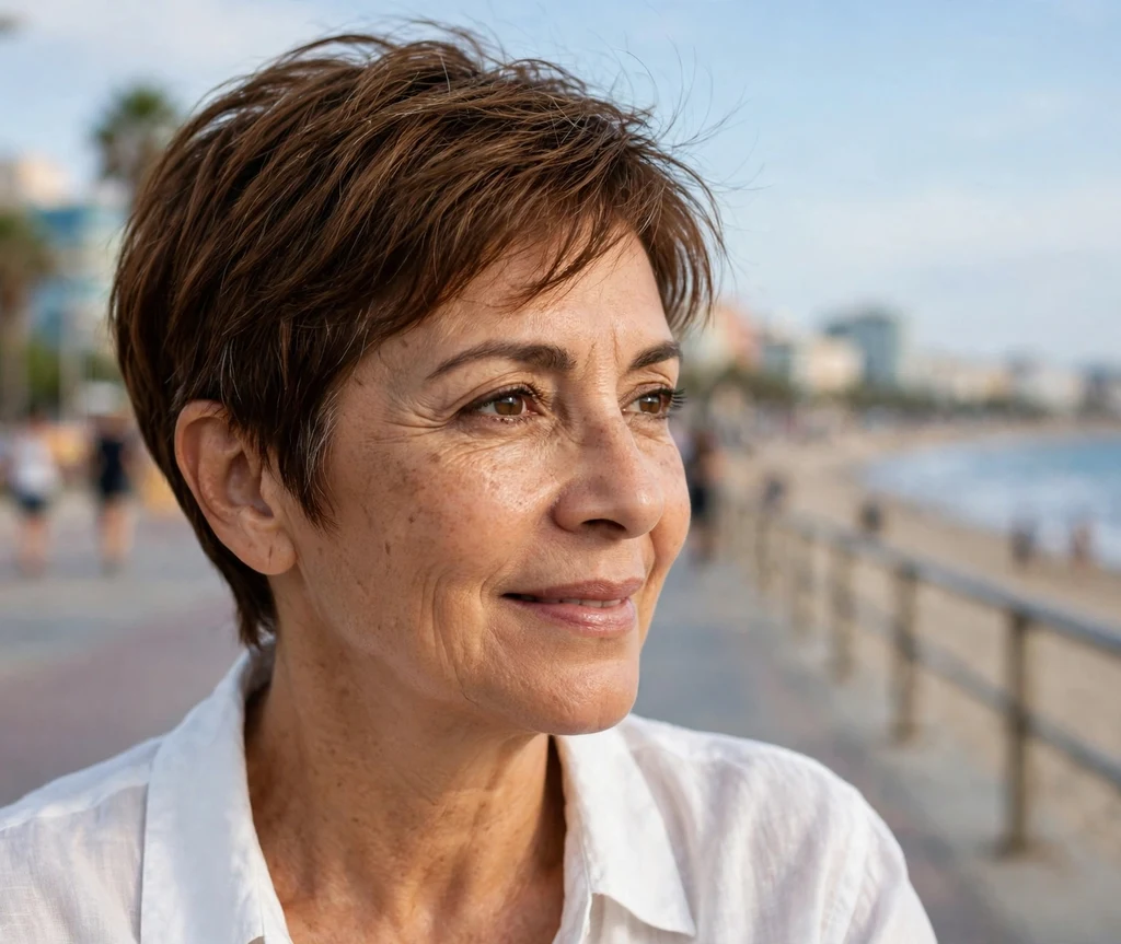 Woman in her early 50s with a tapered bixie pixie-bob haircut in chestnut brown