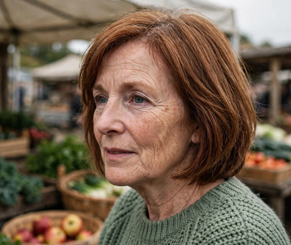 Woman in her mid 50s with a chin-length layered auburn lob haircut