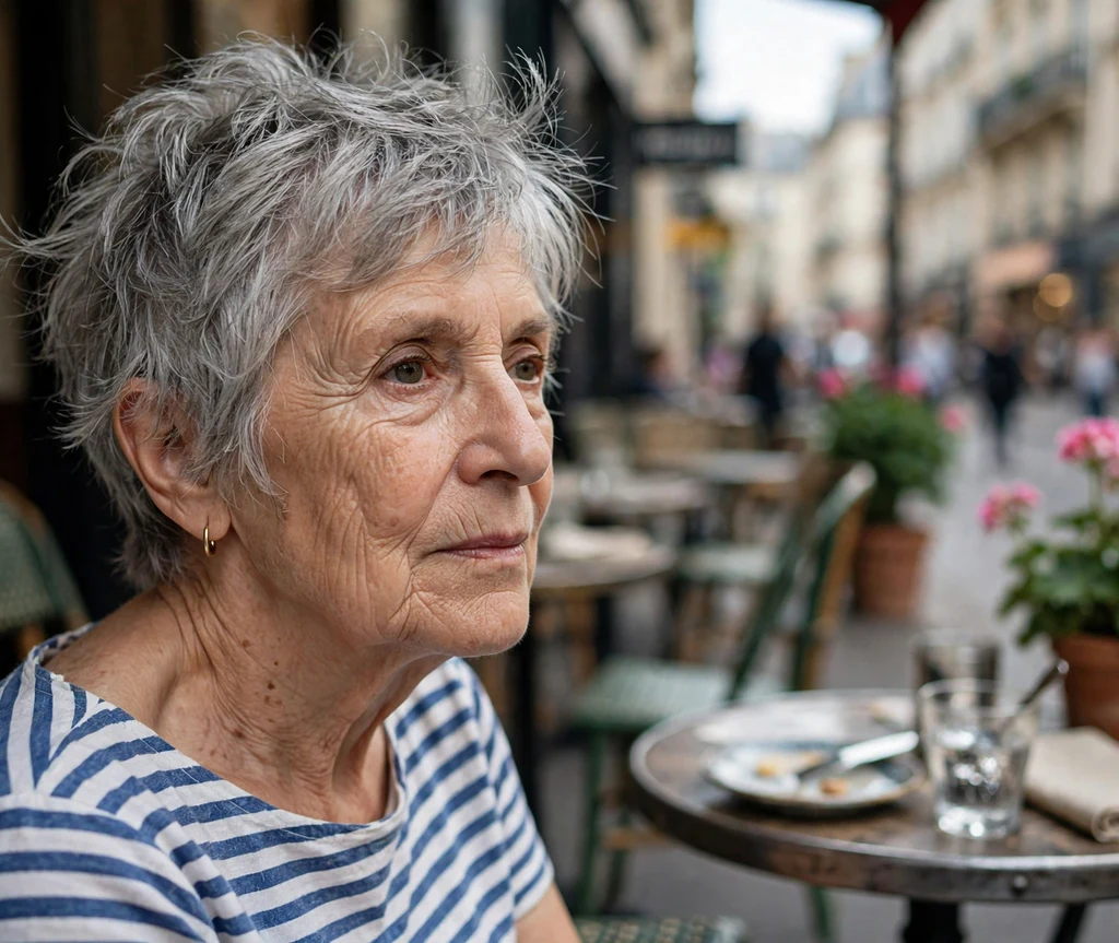 Woman around 60 with a piecey messy grey pixie haircut