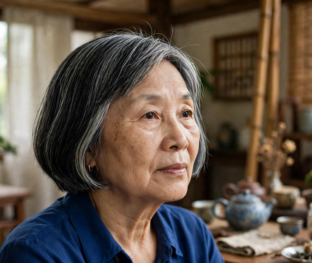 Woman in her late 50s with a blunt bob with hidden internal layers and silver streaks