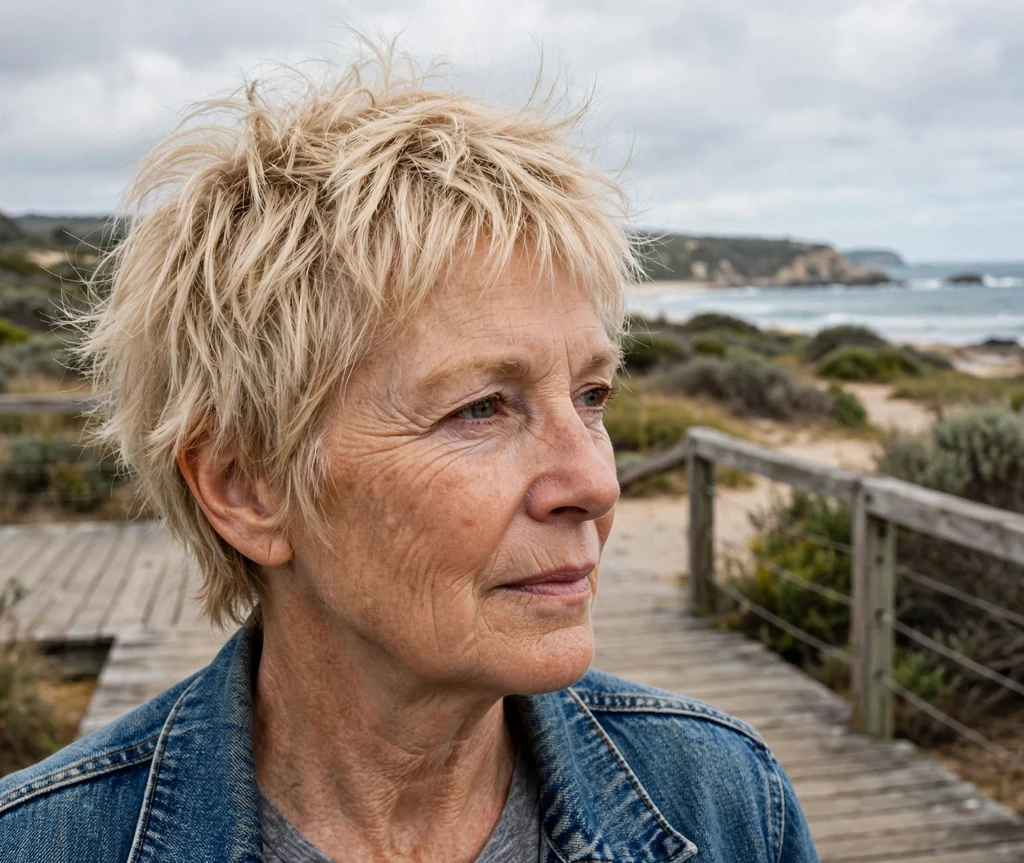 Woman in her early 50s with a tousled shag pixie haircut in sandy blonde
