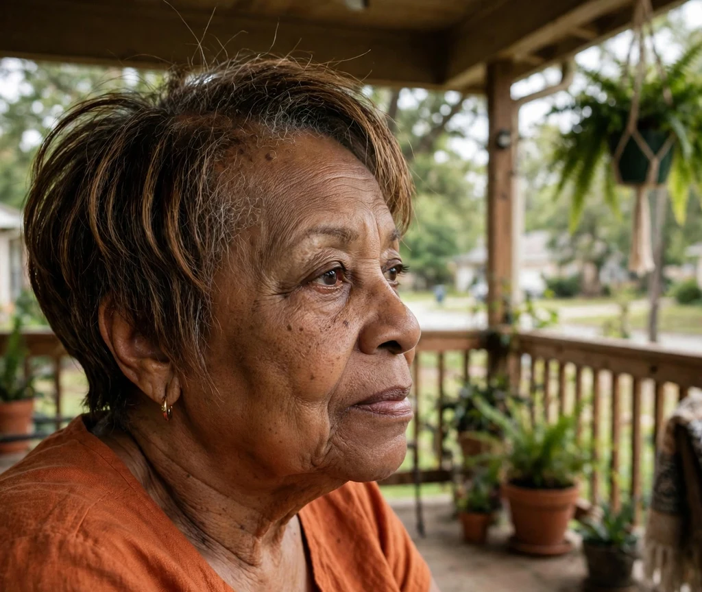 Woman in her mid 60s with a graduated wedge haircut with caramel tones
