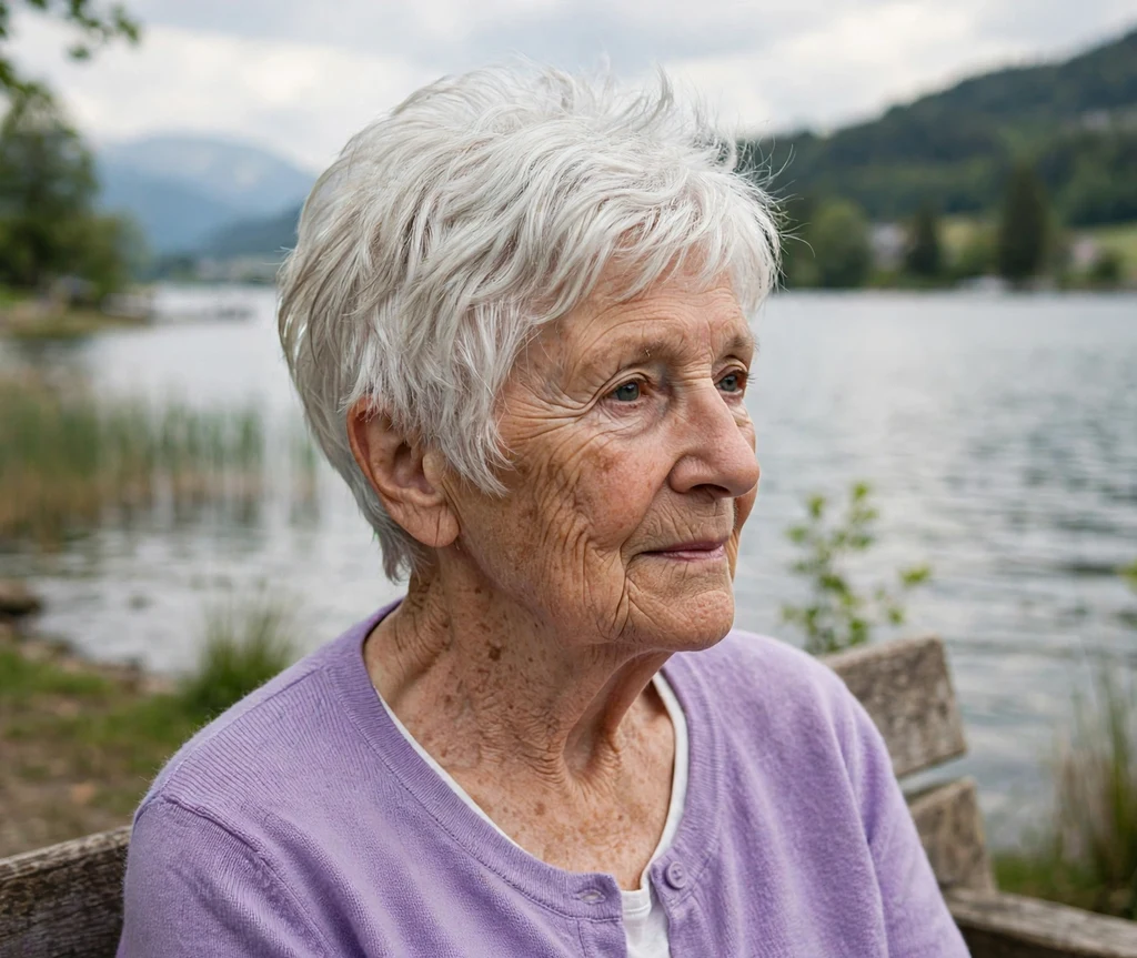 Woman in her late 60s with a feathered pixie with long crown layers in silver-white