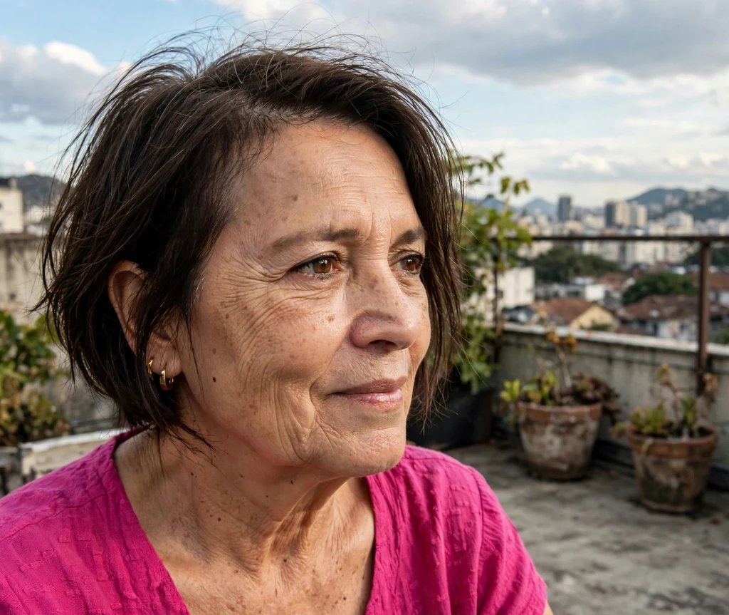 Woman in her mid 50s with an asymmetric textured dark brown bob haircut
