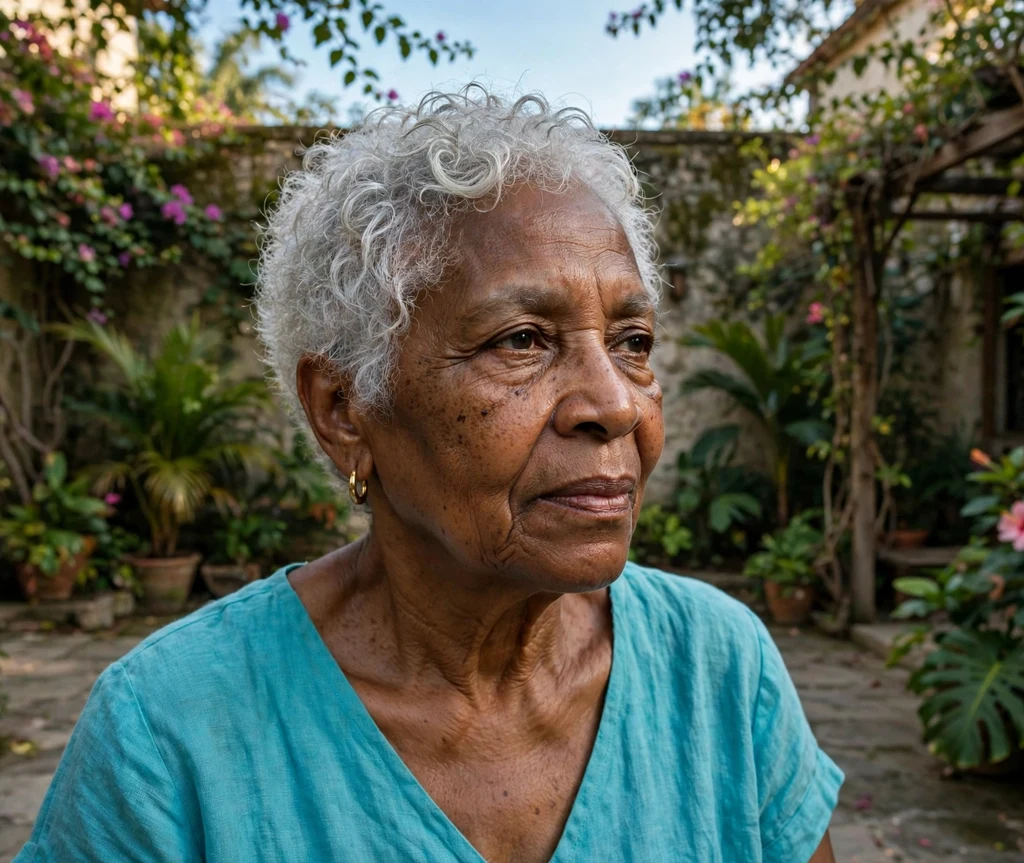 Woman around 61 with a cropped curly silver shag haircut