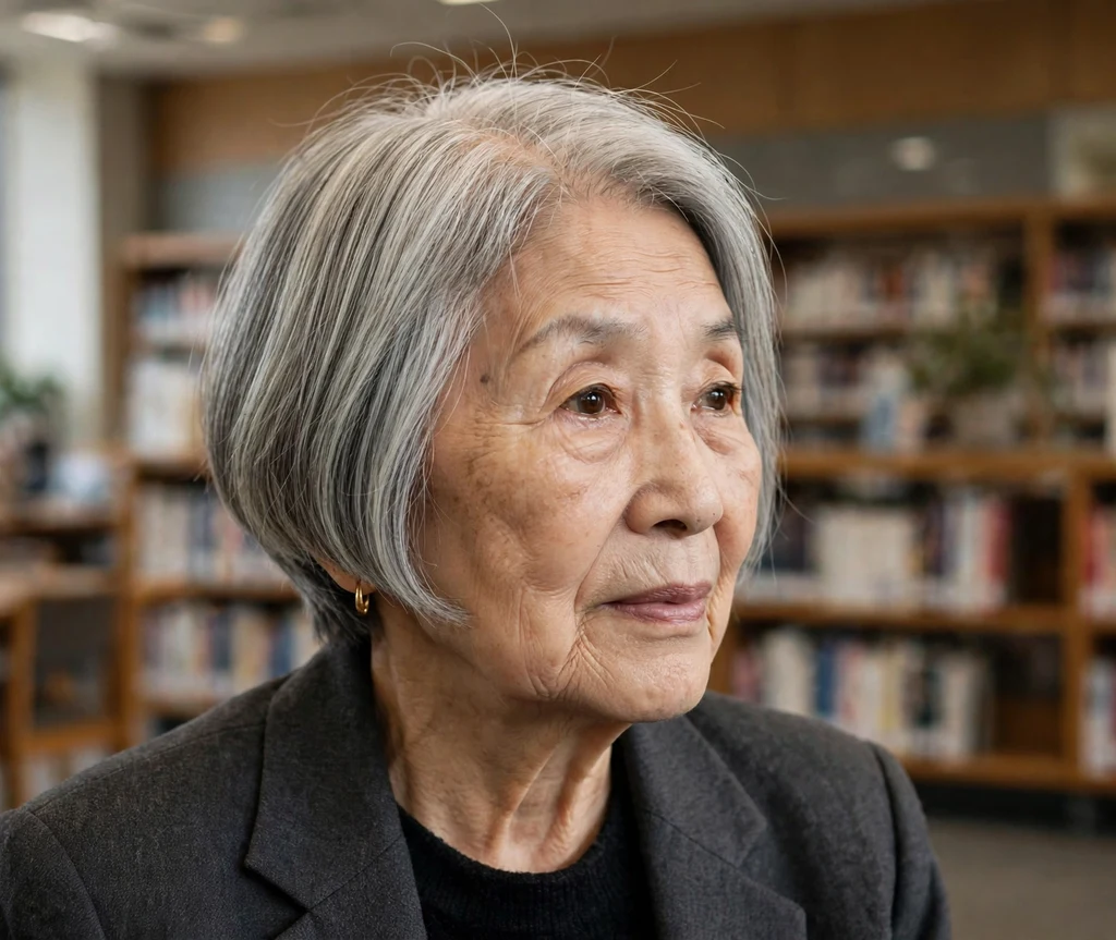 Woman in her mid 60s with a sleek inverted silver bob haircut