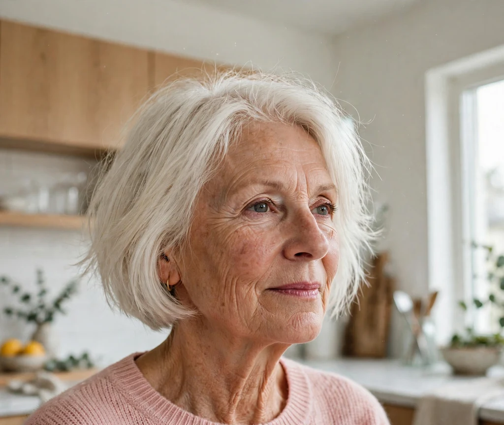 Woman in her late 50s with an airy feathered platinum bob haircut