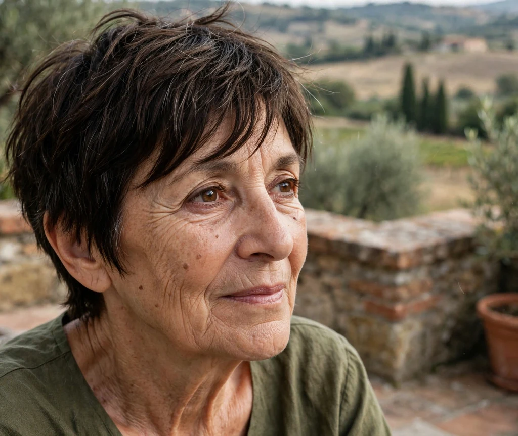 Woman in her early 50s with a shaggy pixie and side fringe in dark brown