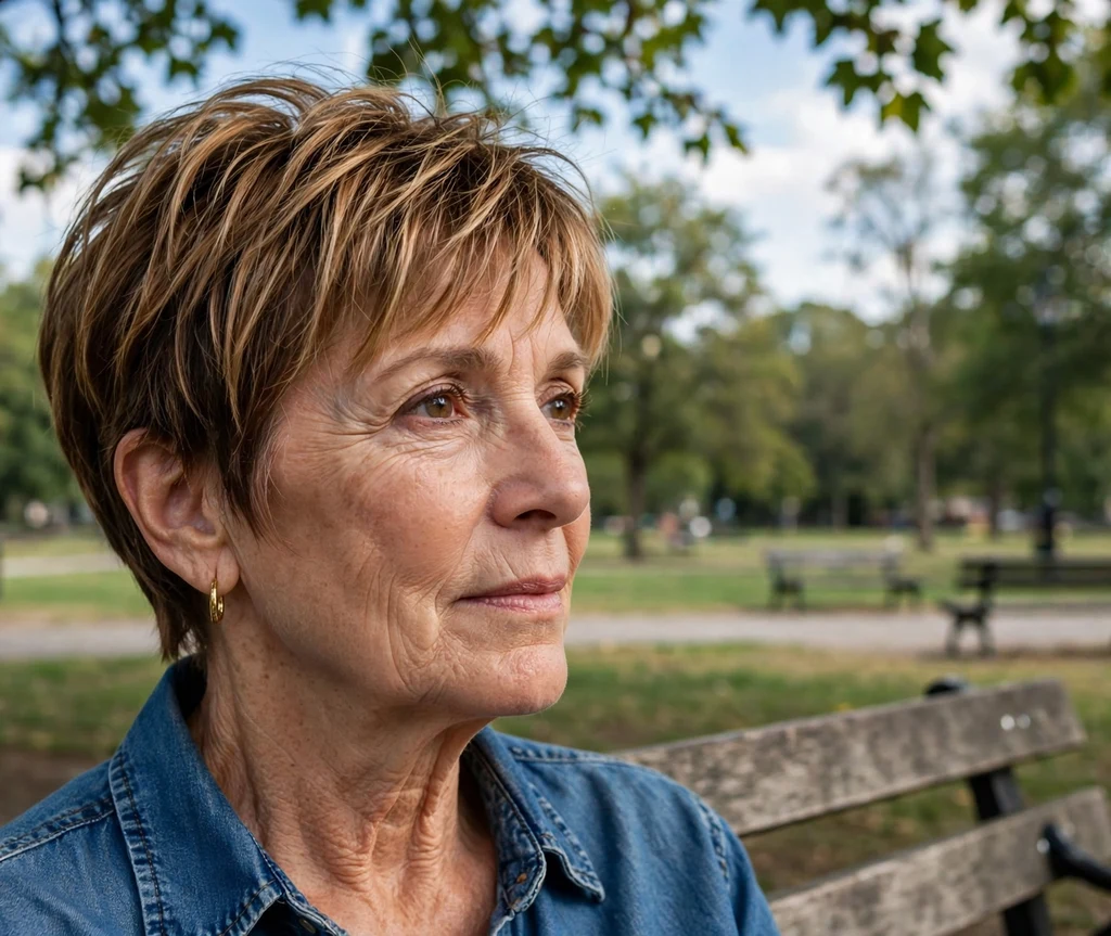 Woman in her late 50s with a layered pixie with caramel highlights