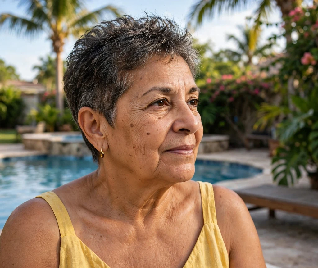 Woman in her mid 50s with a textured crop with tapered sides and grey blending