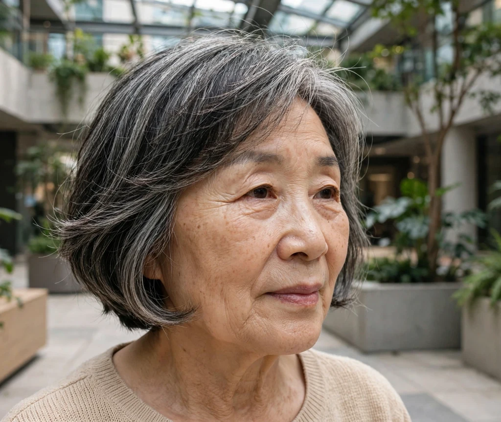 Woman in her early 60s with a flippy layered salt-and-pepper bob haircut