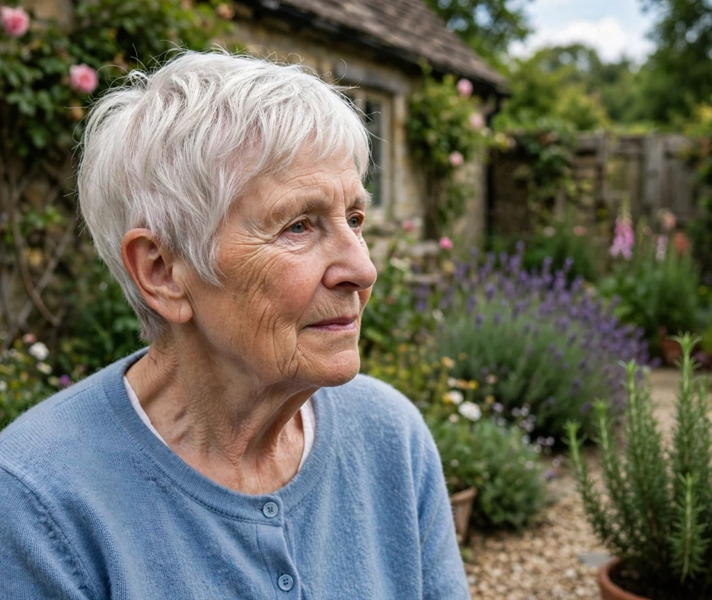 Woman in her late 60s with a softly layered white wedge pixie haircut