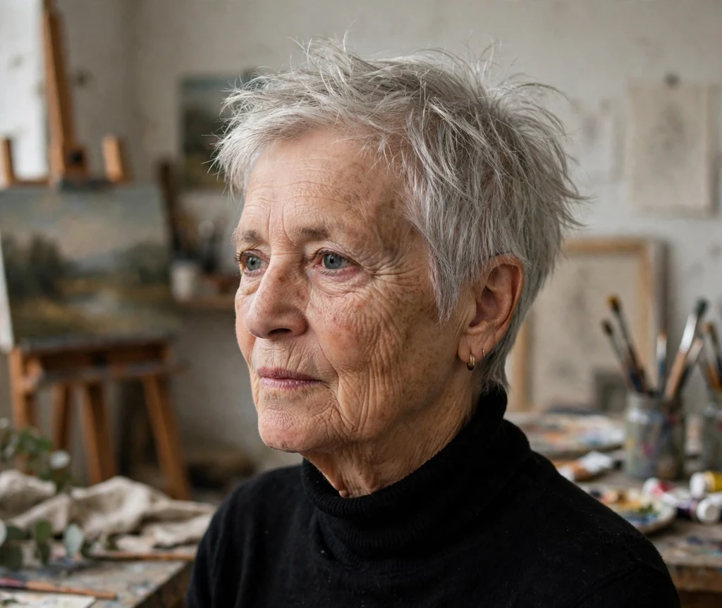 Woman in her mid 50s with a tousled boyish silver crop haircut