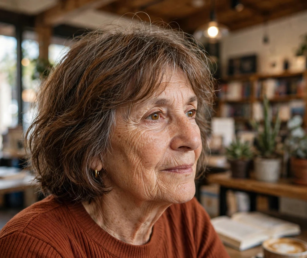 Woman around 60 with a wavy chin-length shag haircut in chestnut with grey