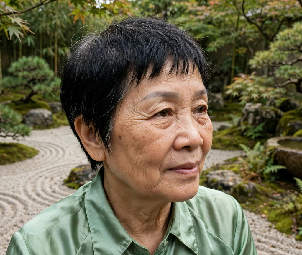 Woman in her early 50s with a pixie haircut with micro bangs
