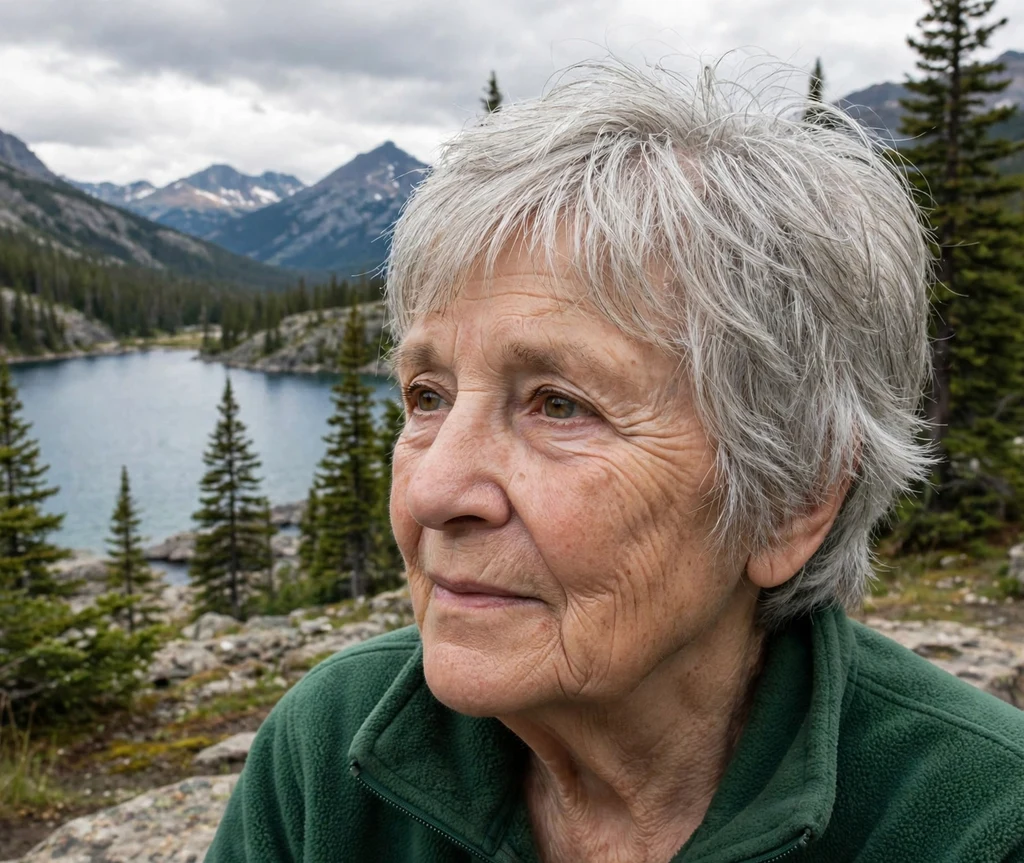 Woman in her mid 60s with a layered silver shag haircut