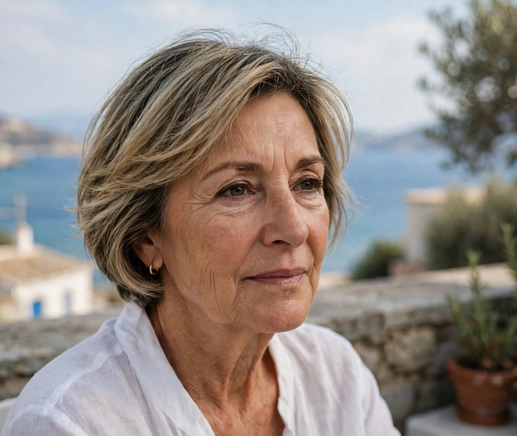 Woman in her late 50s with a feathered French bob haircut in dark blonde