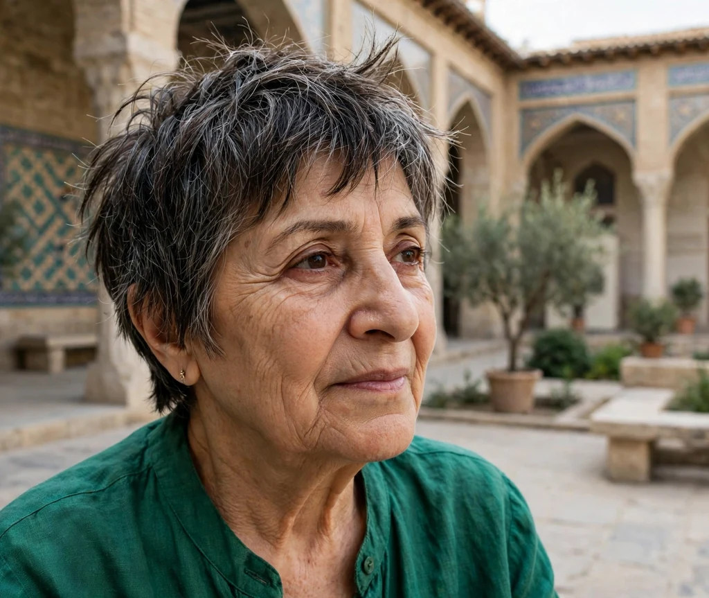 Woman in her early 60s with a choppy graduated pixie haircut with silver pieces