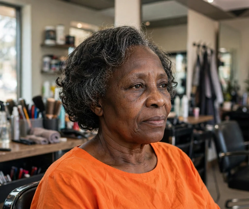 Woman in her mid 50s with a soft curls textured black and grey bob haircut