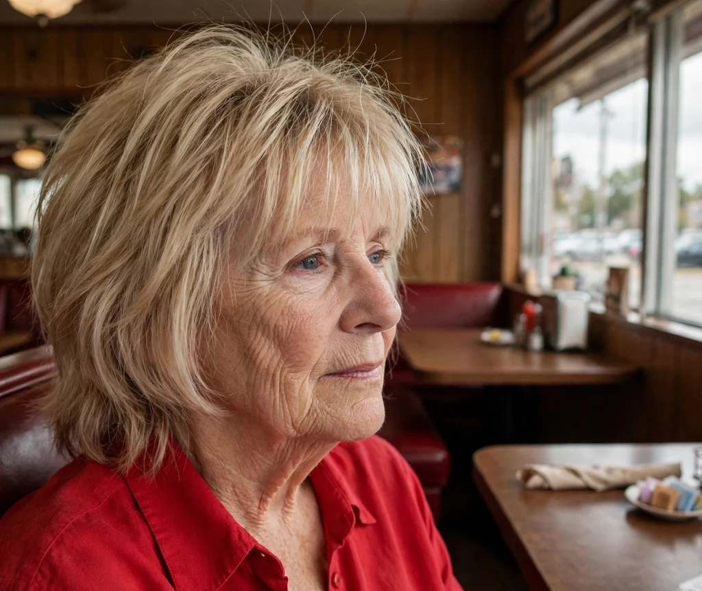 Woman in her early 50s with a voluminous tapered blonde shag haircut