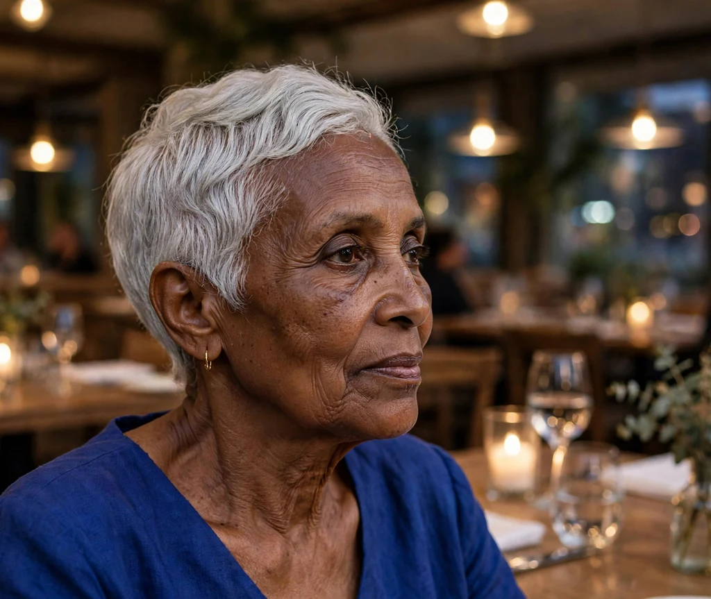 Woman in her early 60s with an elegant sculpted silver pixie haircut