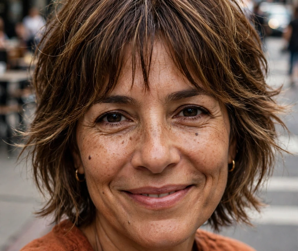Layered brown bob with face-framing curtain bangs on a woman