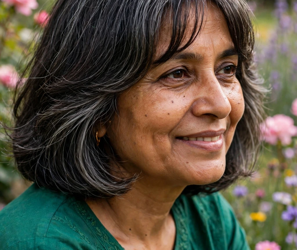 Dark layered bob with silver streaks and curtain bangs in a garden