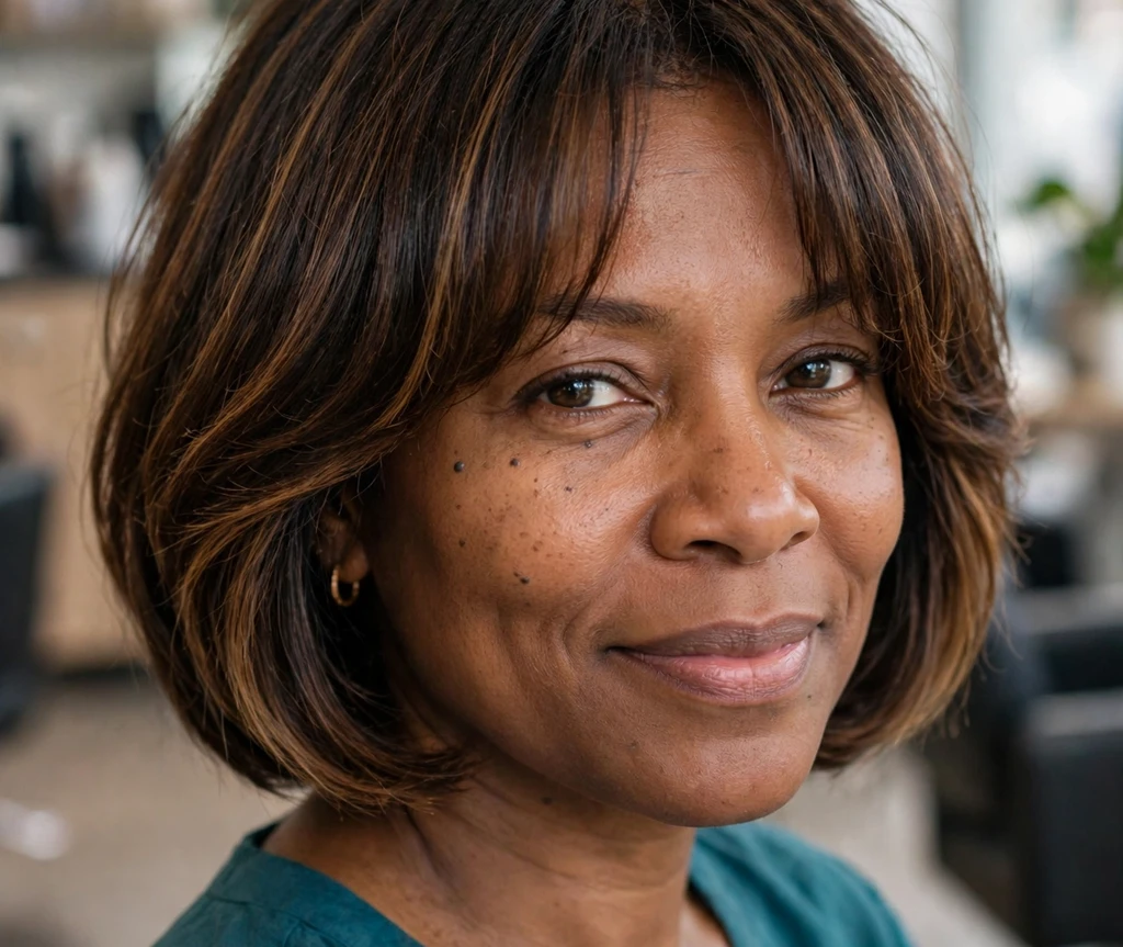 Chin-length dark bob with curtain bangs on a smiling woman
