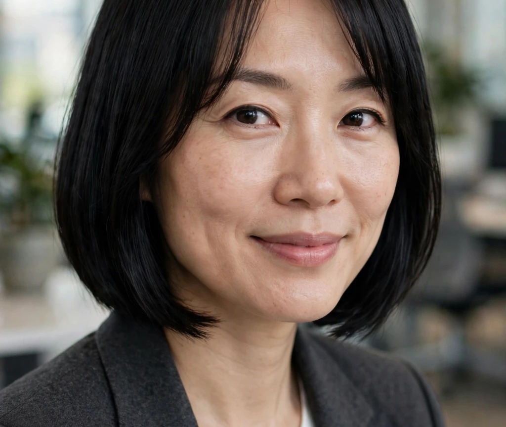 Sleek jet-black bob with curtain bangs on a young woman