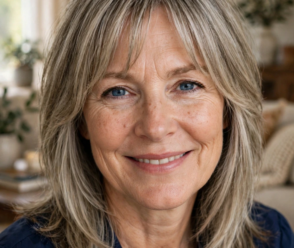 Gray-blonde layered lob with curtain bangs on a woman