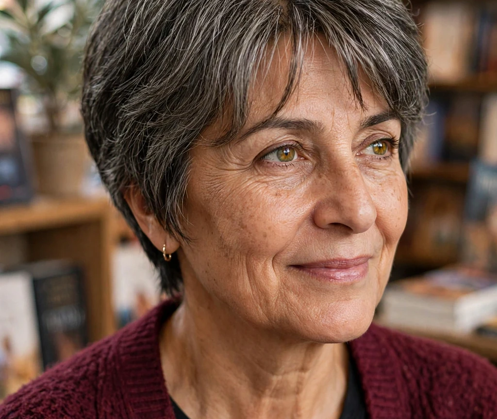 Salt-and-pepper pixie bob with a curtain fringe on an older woman