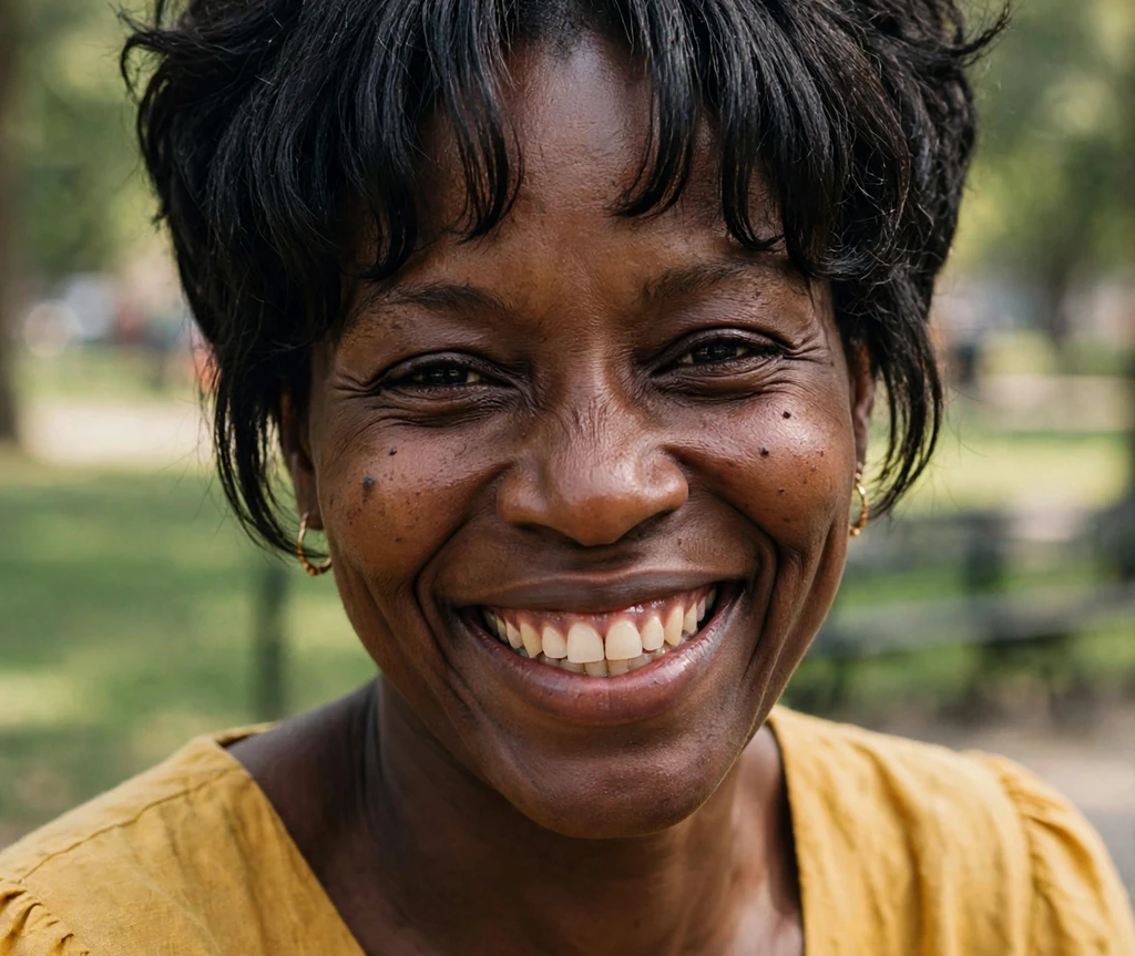 Short tapered pixie with curtain bangs on a smiling woman