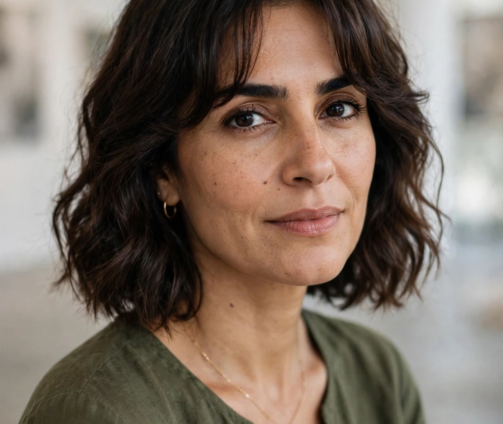 Wavy dark bob with curtain bangs on a woman at a seaside cafe