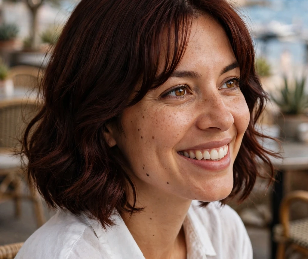 Dark reddish layered bob with curtain bangs on a woman