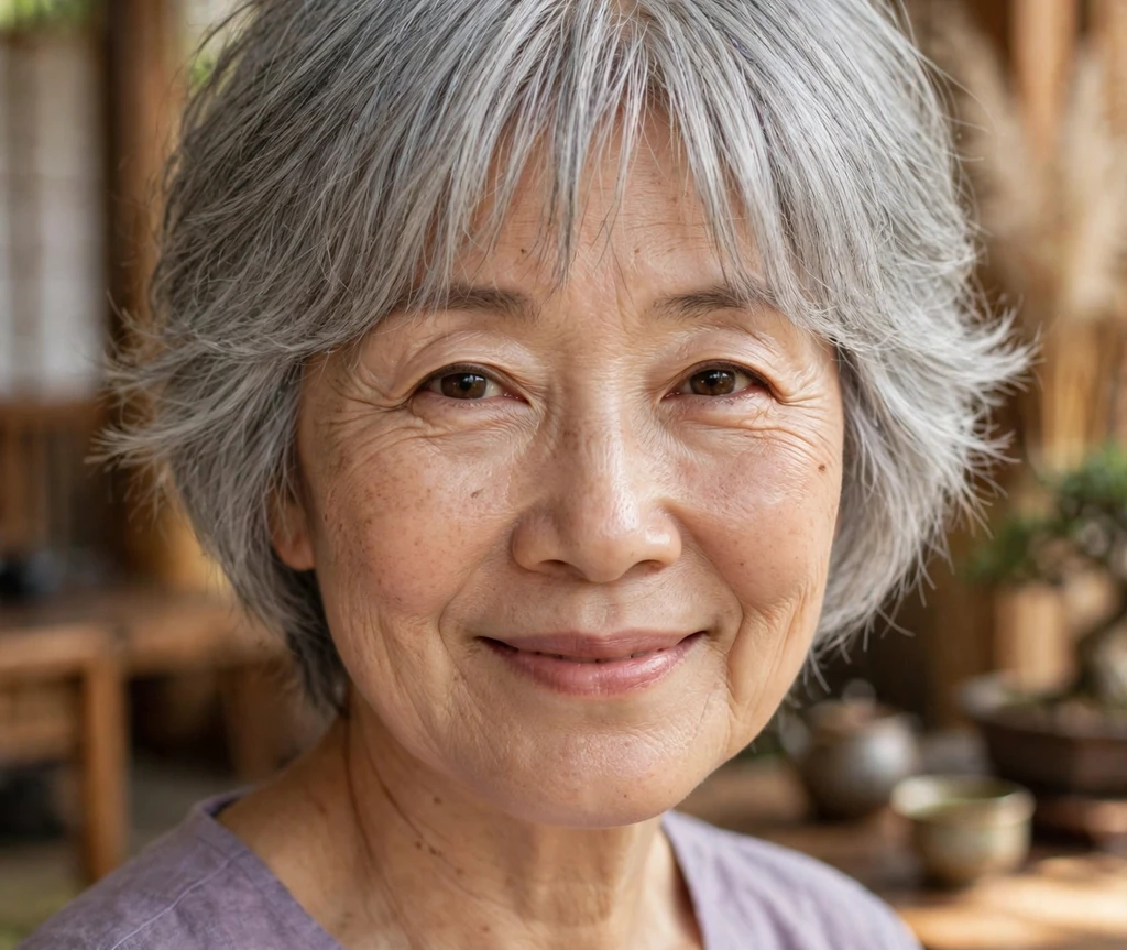 Silver short shag with a wispy curtain fringe on an older woman