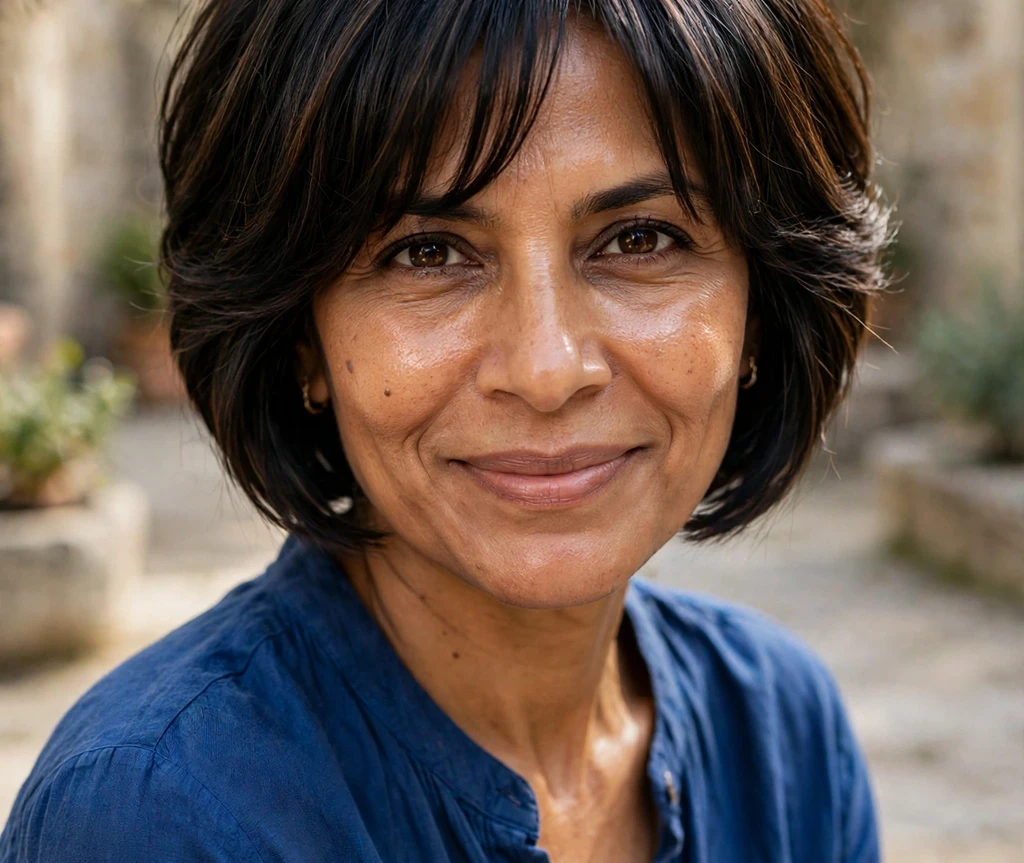 Wavy brunette bob with curtain bangs on a woman