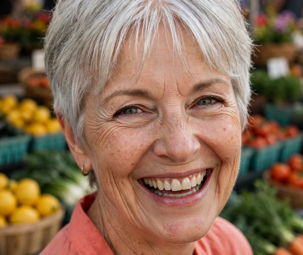 White-silver feathered crop with curtain bangs on a smiling woman