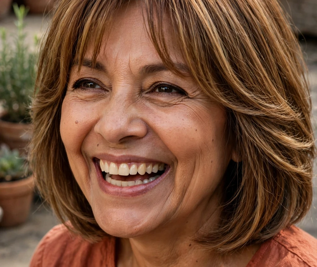 Warm highlighted layered bob with curtain bangs on a woman