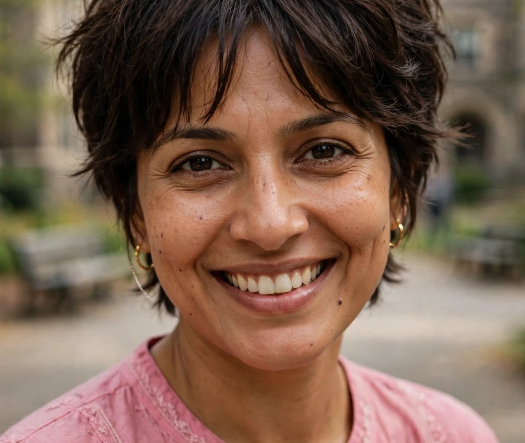 Tousled dark pixie with curtain bangs on a young woman