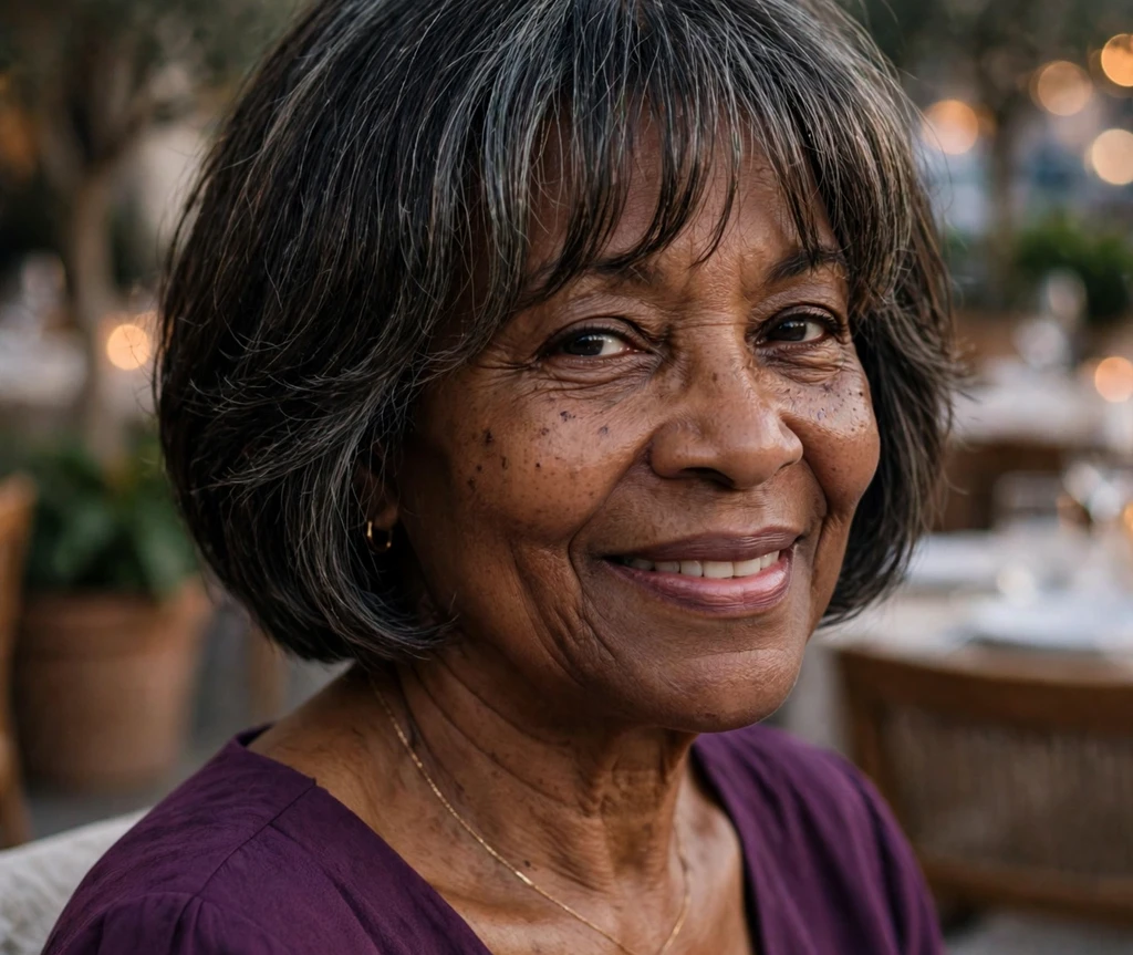Short layered bob with curtain bangs on a graceful older woman